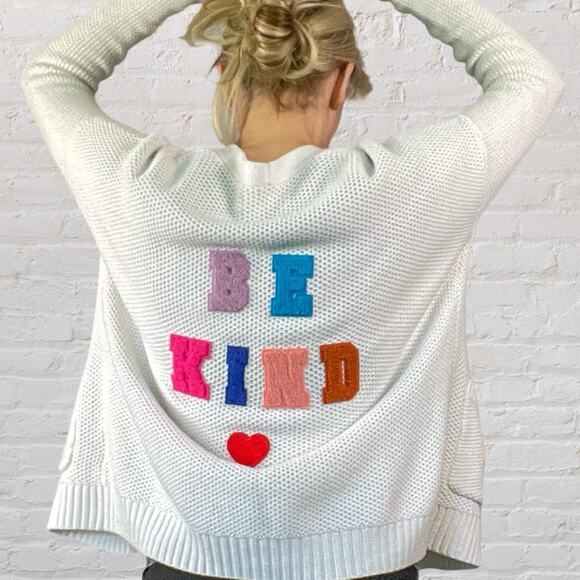 Be Kind Letterman Sweater XS White Retro 50s Rainbow Patches Fall Layer - Picture 4 of 14